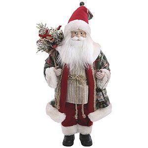 Boneco Papai Noel em Pé com Casaco Xadrez e Saco de Presentes 52cm - Coleção Noeis - Ref 1108009 Cromus