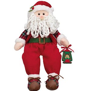 Boneco Papai Noel Sentado com Casaco Xadrez Segurando Lanterna de Feltro 58cm - Coleção Inverness - Ref 1027185 Cromus