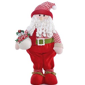 Boneco Papai Noel com Casaco Xadrez Vermelho e Branco em Pé Segurado Presente 60cm - Coleção Cinnamon - Ref 1690128 Cromus