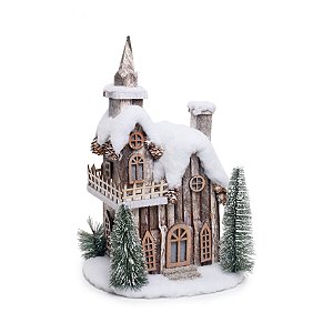 Casa de Natal Sobrado Nevado Marrom com Led - 45x29x24cm - Coleção Chalé - Ref 1208355 Cromus