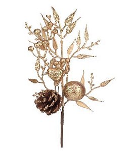 Galho Decorativo de Natal Folhas, Frutas e Pinha Dourado - Galhos Medios - Ref 1022813 Cromus