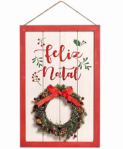 Quadro Decorativo de Madeira Feliz Natal com Guirlanda de Galhos 40x26cm - Coleção Quadrinhos - Ref 1698201 Cromus