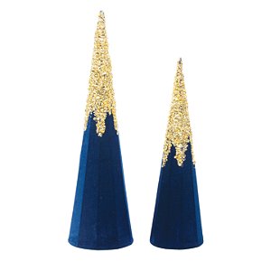 Árvore Cone de Veludo Azul com Glitter Dourado Jogo com 2 Un - Coleção Velvet - Ref 1209317 Cromus