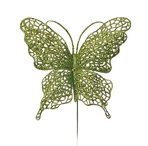 Pick Borboleta Decorativa Verde Glitter 12x15cm com 1 Un - Coleção Borboletas - Ref 1211871 Cromus