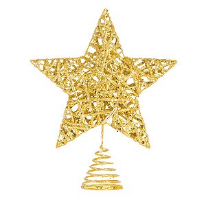 Ponteira Estrela Com Glitter Dourada e Led 25x20cm - Ponteiras de Árvores - Ref 1695311 Cromus