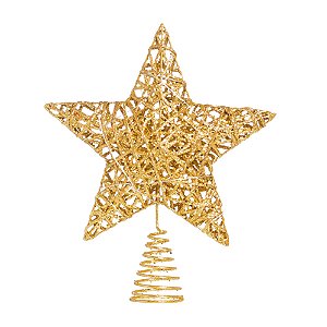 Ponteira Estrela Com Glitter Dourada e Led 20x15cm - Ponteiras de Árvores - Ref 1695312 Cromus