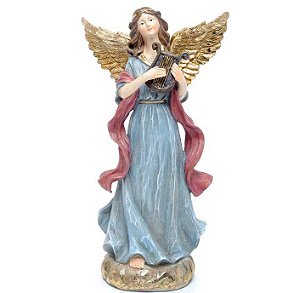 Anjo Decorativo de Resina Tocando Harpa - Coleção Anjos - Ref 1017840 Cromus