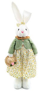 Coelha em Pé com Vestido Floral Segurando Chapéu 60cm - Coleção Capim Limão - Ref 1024302 Cromus