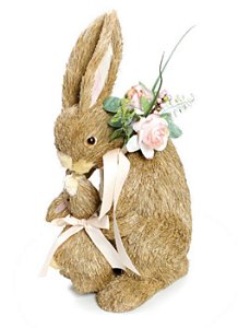 Coelha de Palha com Filhote de Laço Rosa e Flores 30x20x15cm - Coleção Amendoa - Ref 1820413 Cromus