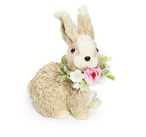 Coelha de Palha Sentada com Flores no Pescoço 15x10x15cm - Coleção Canolli - Ref 1820482 Cromus