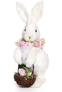 Coelha de Palha Branca em Pé com Cesta de Flores na Mão 34x12x19cm - Coleção Madeleine - Ref 1820841 Cromus