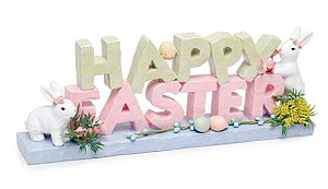 Placa Happy Easter de Resina com Flores e Coelhos 30x10x5cm - Coleção Cute Family - Ref 1827429 Cromus