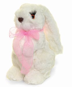 Coelha de Pelúcia Rigida Branca com Laço Rosa no Pescoço 20x10x13cm - Coleção Pão de Ló - Ref 1822961 Cromus