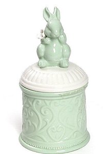 Pote de Cerâmica Trabalhado com Tampa e Coelho Sentado Verde Claro 17x8x8cm - Coleção Drops - Ref 1820472 Cromus