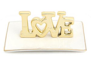 Prato de Cerâmica Retangular Branco com Borda Dourada e Love 3D 6x14x10cm - Ref 1821590 Cromus