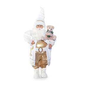Papai Noel Em Pé Branco e Dourado Segurando Urso 80cm - Coleção Noeis - Ref 1594479 Cromus