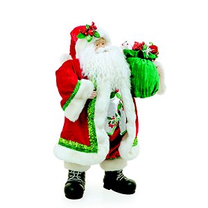 Papai Noel em Pé Com Roupa Paetê Verde e Vermelha e Saco de Presentes 65x45x20cm - Coleção Noeis - Ref 1110468 Cromus