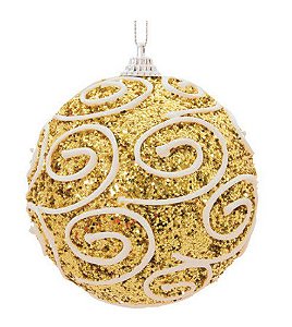 Bolas de Natal Glitter Dourado com Arabesco Branco 8cm Jogo com 6Un - Ref 1611862 Cromus