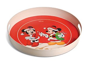 Bandeja Redonda Com Alças Mickey e Minnie 40x40x5cm - Natal Disney - Ref 1594714 Cromus