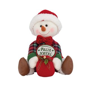 Boneco de Neve Sentado com Camisa Xadrez e Saco Feliz Natal 25x20x21cm - Coleção Inverness - Ref 1027189 Cromus