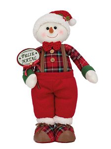 Boneco de Neve em Pé com Suspensório e Placa Feliz Natal 46x26x19cm - Coleção Inverness - Ref 1027184 Cromus
