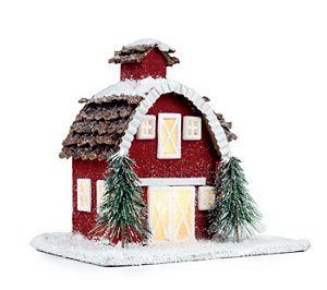 Casa de Natal Celeiro Nevado Vermelho com Led - 19x20x16cm - Coleção Casinhas - Ref 1017397 Cromus