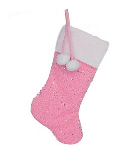 Bota de Natal Glitter Rosa com Paetê e Pompom Branco 50cm - Meias e Botas de Natal - Ref 1019787 Cromus