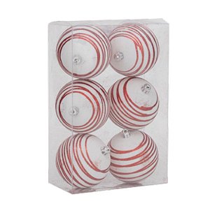 Bolas de Natal Branca com Listras Vermelha 8cm Jogo com 6Un - Bolas Natalinas - Ref 1020172 Cromus