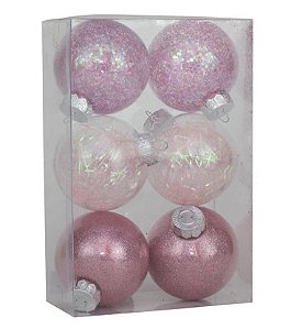 Bolas de Natal Incolor Nacarado e Glitter 8cm Jogo com 6Un - Ref 1019635 Cromus
