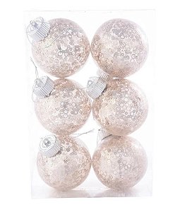 Bolas de Natal Transparente com Paetê Chá 8cm Jogo com 6 Unidades - Ref 1106657 Cromus