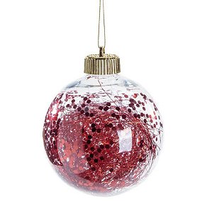 Bolas de Natal Transparente com Fios Vermelhos e Glitter 8cm Jogo com 6 Unidades - Ref 1106546 Cromus