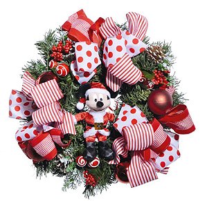 Guirlanda de Natal Decorada 40cm Mickey Branco e Vermelho Pelucia - Natal Disney - Ref 1990050 Cromus