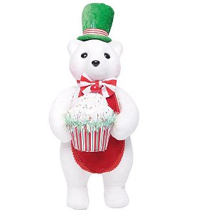 Urso Branco em Pé Segurando Cupcake 34x15x15cm - Coleção Peppermint - Ref 1023707 Cromus