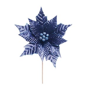 Flor de Natal Poisentia Azul Marinho com Glitter - Flores Cabo Curto - Ref 1209878 Cromus