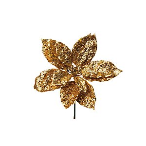 Flor de Natal Poisentia Dourada com Glitter - Flores Cabo Curto - Ref 1351988 Cromus