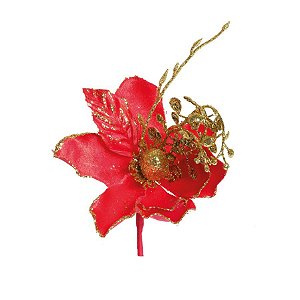 Flor de Natal Magnólia Vermelha e Dourada - Flores Cabo Curto - Ref 1920916 Cromus