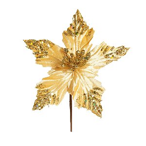 Flor de Natal Poisentia Dourada com Glitter - Flores Cabo Curto - Ref 1920789 Cromus