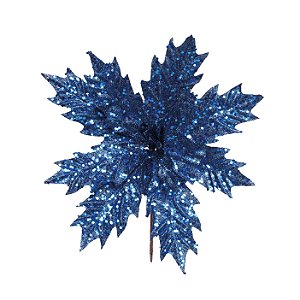 Flor de Natal Poisentia Azul Marinho com Glitter - Flores Cabo Curto - Ref 1920464 Cromus