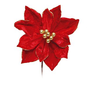 Flor de Natal Magnólia Veludo Vermelho e Dourada - Flores Cabo Curto - Ref 1922726 Cromus