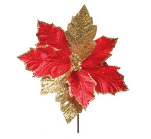 Flor de Natal Poisentia de Veludo Vermelha e Dourada - Flores Cabo Curto - Ref 1024864 Cromus