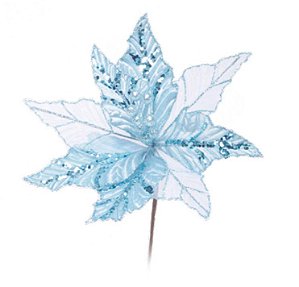 Flor de Natal Poisentia Azul Bebe com Glitter e Petalas Tela - Flores Cabo Curto - Ref 1024208 Cromus