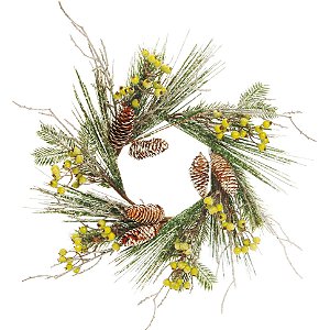 Guirlanda de Natal Rustica com Galhos de Pinheiros, Pinhas e Frutas Amarelas 50x50x10cm - Ref 1514619 Cromus