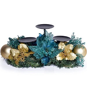 Arranjo de Mesa de Natal Porta Velas Triplo Decorado com Flores Azul Tiffany e Dourado 15x55x20cm - Ref 1990049 Cromus
