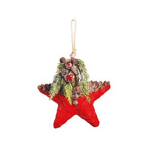 Enfeite Estrela de Pendurar de Madeira Vermelha com Arranjo 25cm - Coleção Chale - Ref 1697345 Cromus