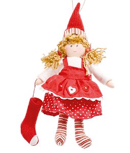 Enfeite Pendurar Menina de Vestido Vermelho Segurando Meia 23x11x5cm com 1 Un - Dolls - Ref 1594268 Cromus