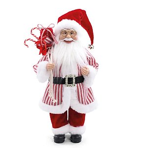 Papai Noel em Pé com Roupa Listrada Vermelha e Branco com Saco Presentes 45cm - Coleção Noeis - Ref 1005655 Cromus