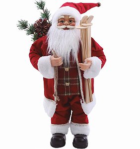 Papai Noel em Pé com Roupa Xadrez Segurando Ski 60 cm - Coleção Noeis - Ref 1111156 Cromus