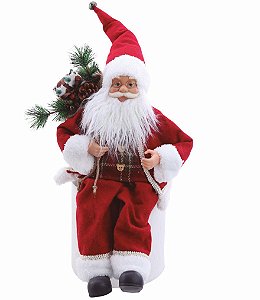 Papai Noel Sentado com Roupa Xadrez Vermelho e Verde Segurando Saco de Presentes 45cm - Noeis - Ref 1111157 Cromus