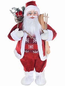 Papai Noel em Pé com Sueter Xadrez Segurando Ski e Saco Presentes 62x32cm - Noeis - Ref 1113445 Cromus
