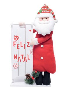 Noel Segurando Placa Feliz Natal de Madeira 65x36x14cm - Ref 1023711 Cromus